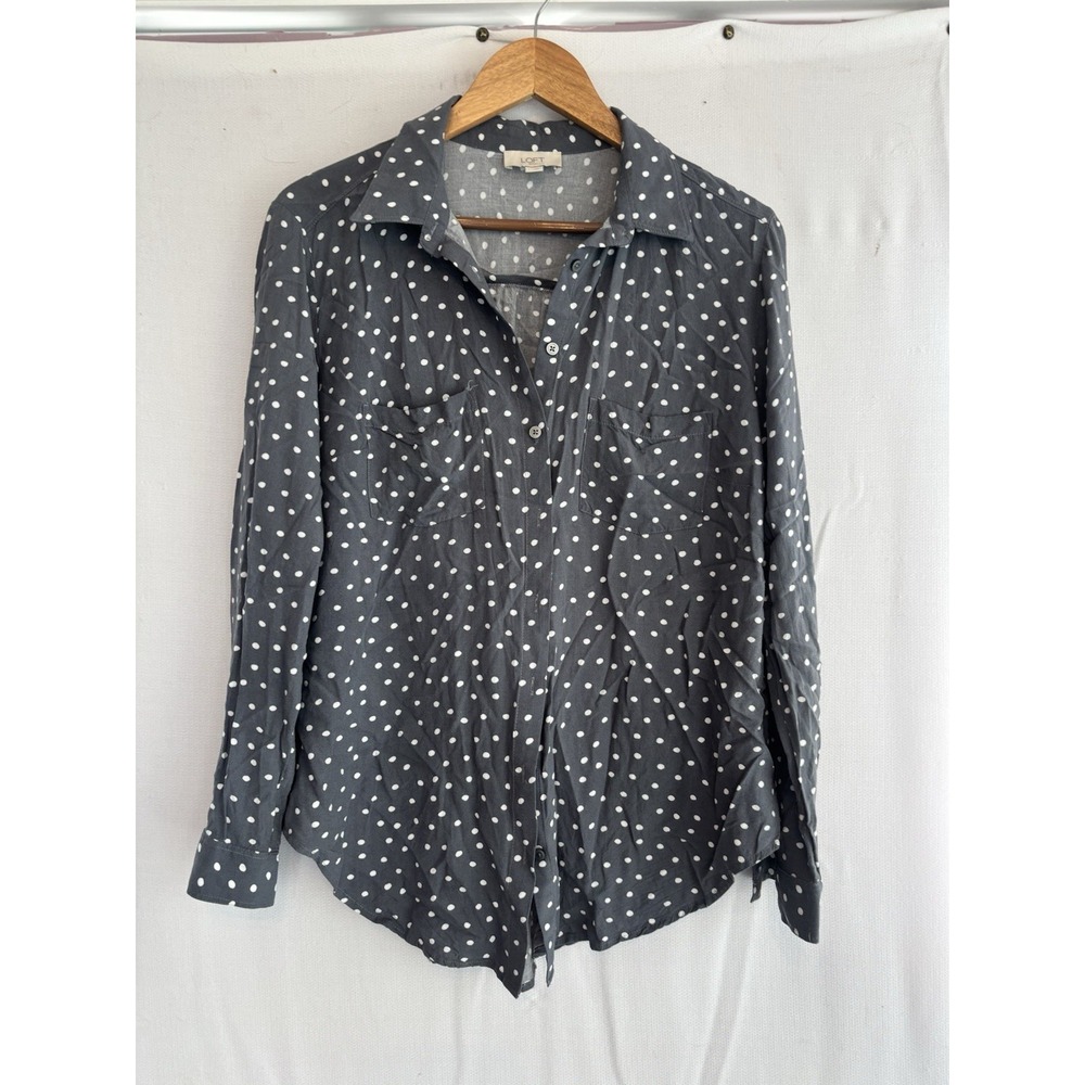 LOFT Blue-Gray w White Polka Dot Button Up Shirt Long Sleeve Top Blouse Rayon